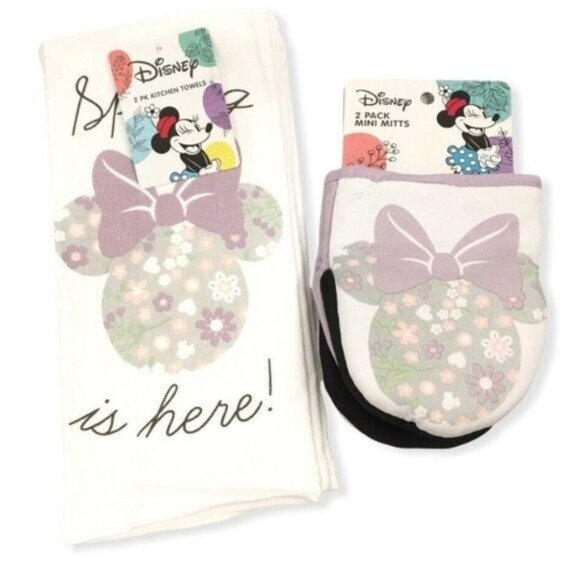 Disney Minnie Mouse Oven Mitts & Kitchen Towels Spring Is Here Set of 4 - Picture 1 of 8